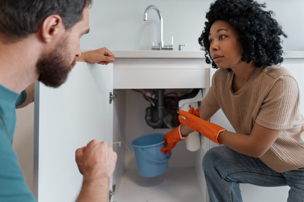 A woman wearing orange rubber gloves and a beige shirt is kneeling next to an open cabinet under a kitchen sink, holding a cleaning spray bottle. A blue bucket is placed inside the cabinet, possibly to catch water from a leak. A man with a beard, wearing a teal shirt, is crouching nearby, attentively looking at the sink area. Both appear to be discussing a plumbing issue or repair. The setting is a modern kitchen with a white countertop and stainless steel faucet.